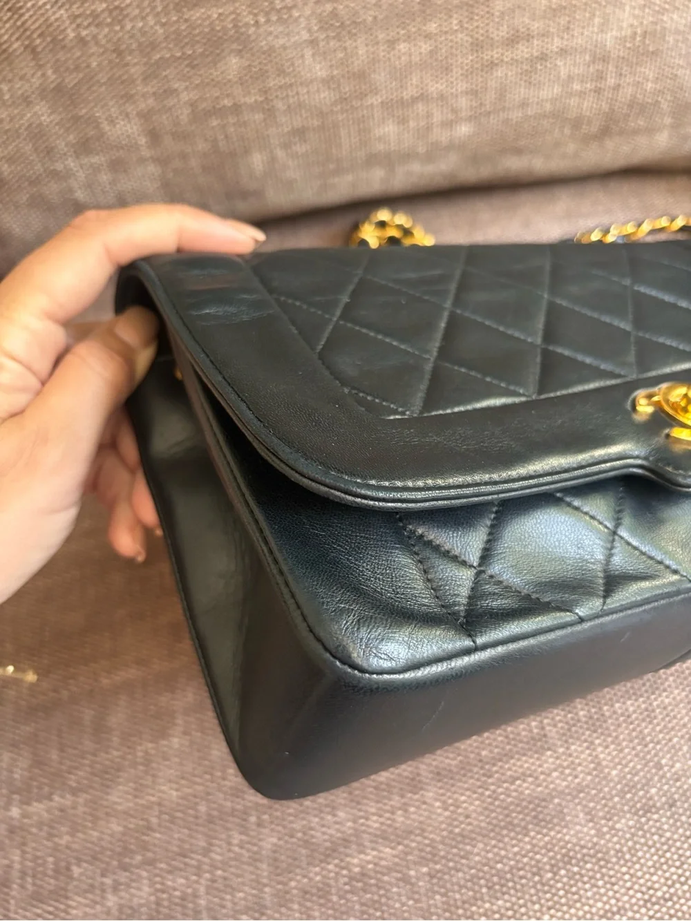 Authentic CHANEL Rare 24k gold black lambskin leather Diana bag